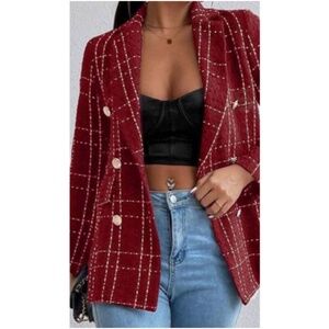 Classic Dark Red Tweed Plaid Button Double Breasted Blazer